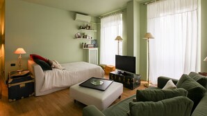 A room with a bed, a television, a sofa, and a desk with a computer.