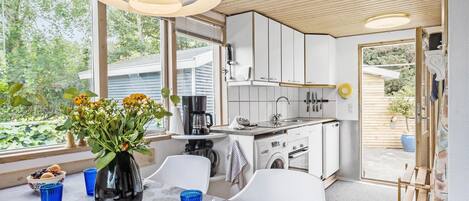 Fridge, stovetop, dishwasher, coffee/tea maker