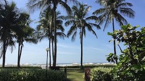 A tropical garden with palm trees, a pathway, and a view of the ocean with beach umbrellas. - Riviera: M4 Giardino 44A, Beach front (Bertioga)