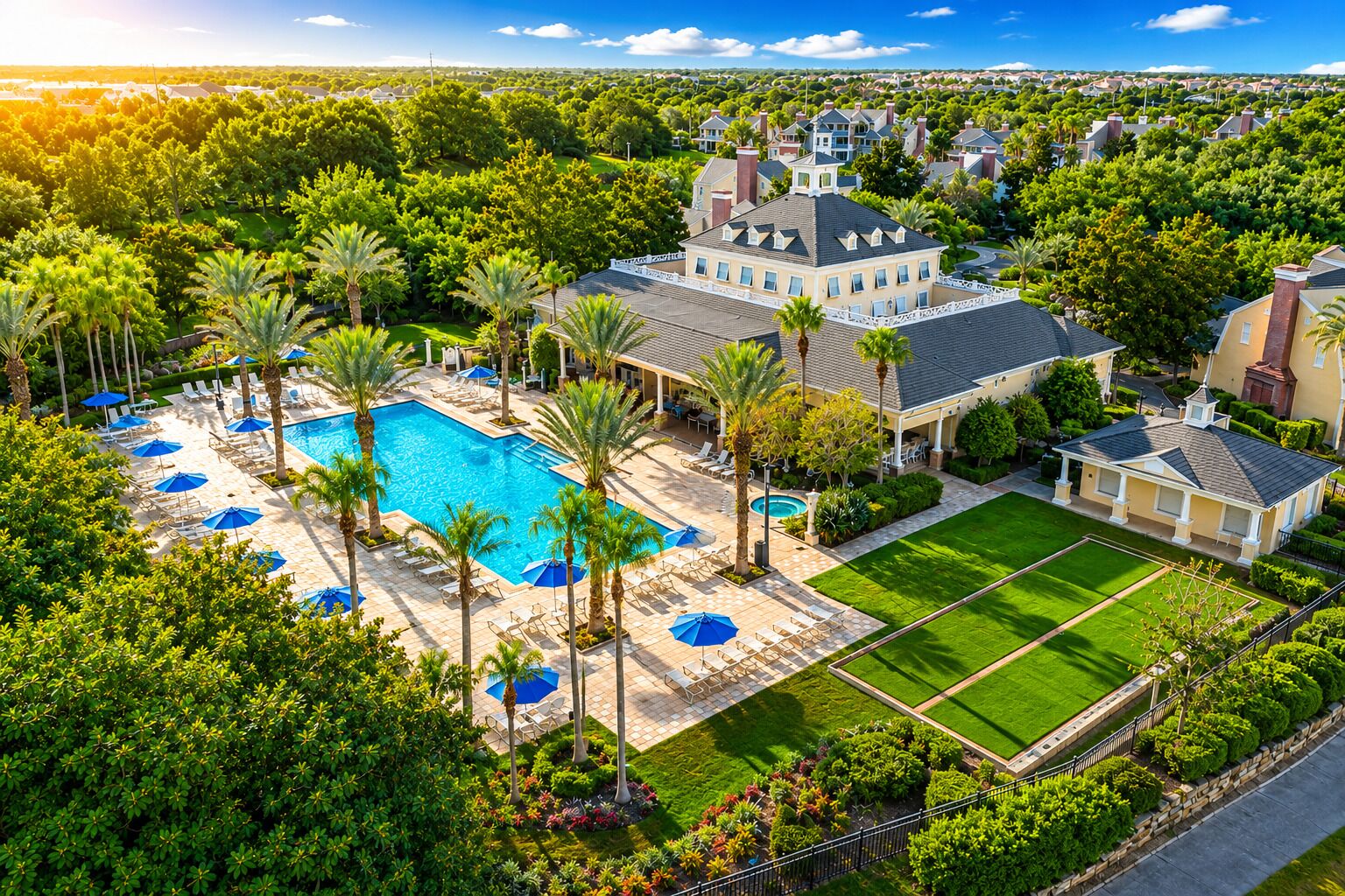 A residential area with a swimming pool, lounge chairs, and a well-maintained lawn.