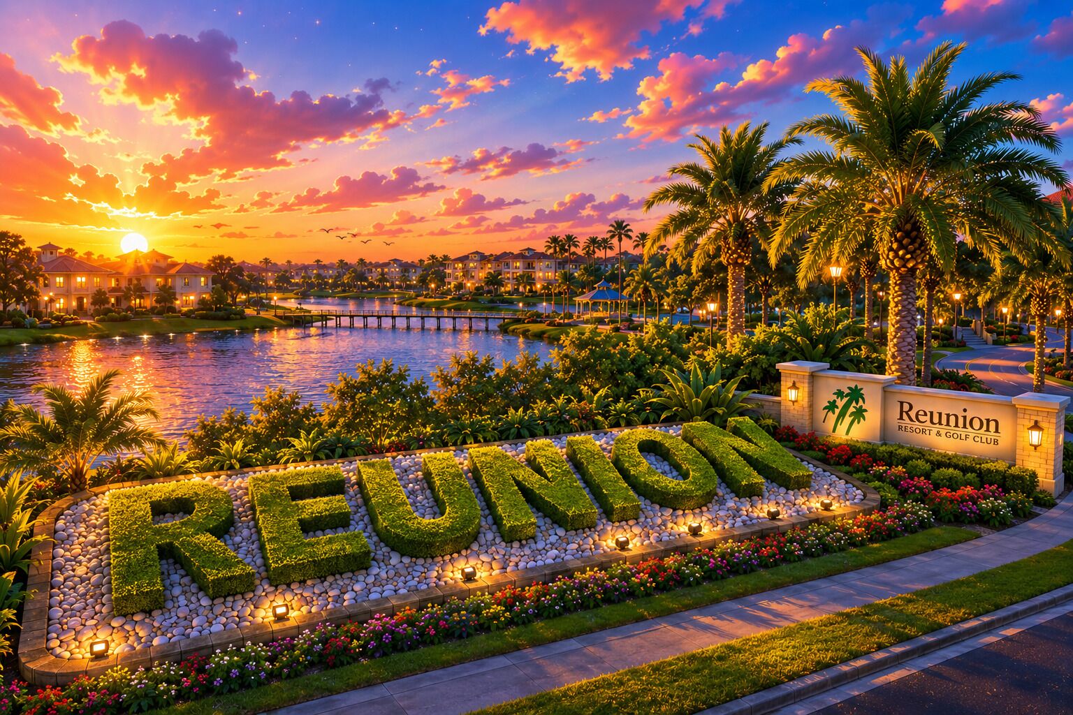 A resort entrance with a water body, palm trees, and a sunset sky.