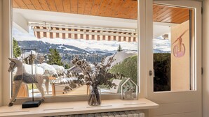 Une pièce avec une fenêtre donnant sur un paysage montagneux enneigé, un plafond en bois et un radiateur.