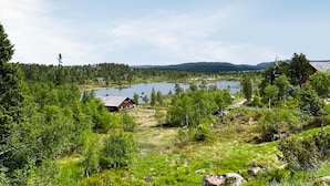 Eine Hütte am See mit Blick auf den See und den umliegenden Wald.