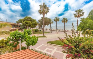 Un paseo marítimo con palmeras, una playa y un camino empedrado.