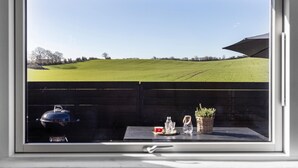 A window with a view of a green field and a barbecue grill inside. - 4 bedroom awesome home in Frørup (Frørup)
