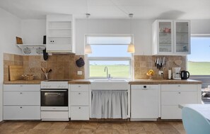 Fridge, stovetop, dishwasher, coffee/tea maker