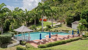 A pool area with lounge chairs and umbrellas, surrounded by lush greenery and palm trees.