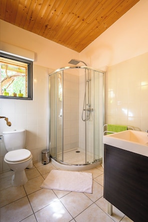 Een badkamer met een glazen douchecabine, toilet, wastafel en een raam met uitzicht op groen.