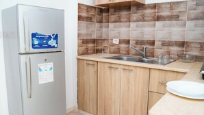 Una cocina compacta con refrigerador doble, armarios de madera, un lavamanos y una encimera.