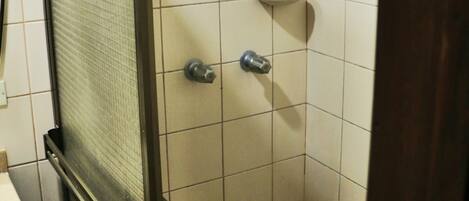 A small, tiled shower stall with a glass door, a soap dish, and a showerhead.