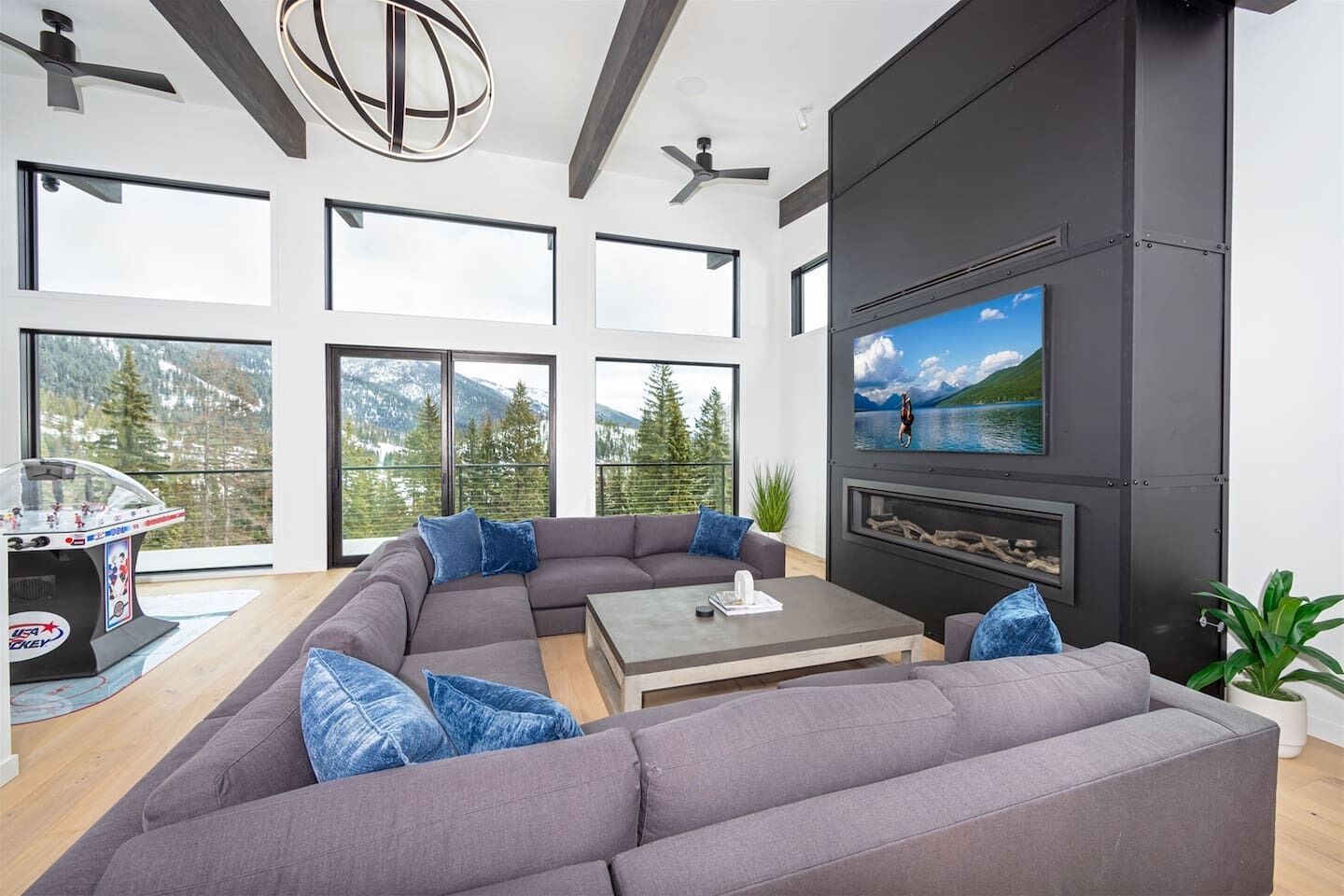 Smart TV, fireplace, DVD player, ping pong