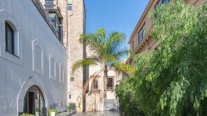 A narrow urban street with buildings on either side, featuring a palm tree and potted plants. - Valverde Art Space by DomuSicily (Palermo)