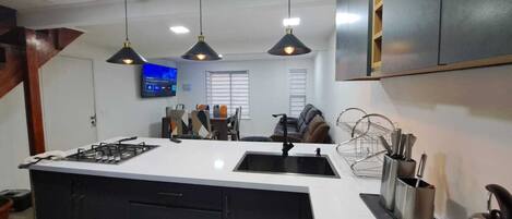 Fridge, microwave, oven, coffee/tea maker