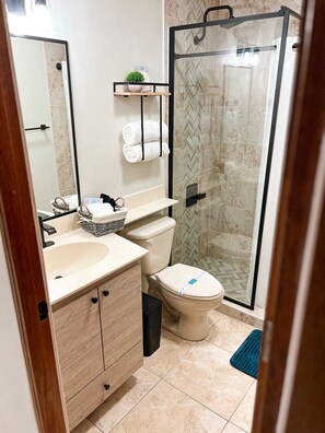 A modern bathroom with a glass-enclosed shower, a sink with a mirror, and a toilet.