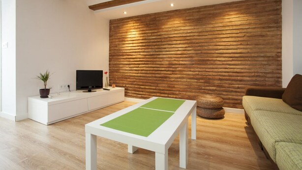 A modern living room with a wooden accent wall, a white entertainment unit, a green and white table tennis table, a brown sofa, and a small round rug. - SingularStays Cervantes I (València)
