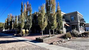 A modern building with a flat roof, large windows, and a balcony. There are trees in front of the building, and a sidewalk is visible. - Water's Edge Suite 201 - Beautiful, Spacious & Luxurious (Garden City)