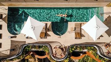 Outdoor pool, open 9:00 AM to 8:00 PM, pool umbrellas, sun loungers