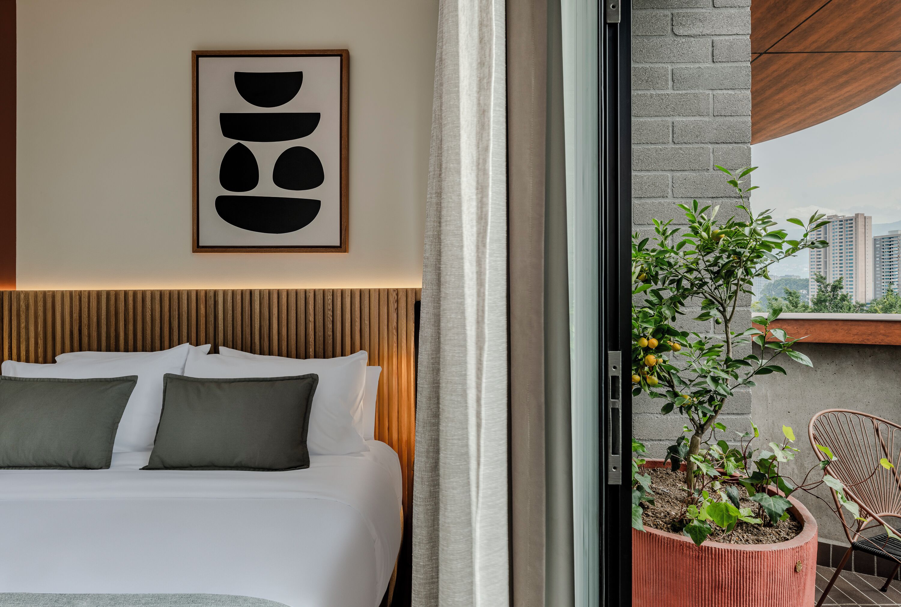 Ein Hotelzimmer mit einem Bett, einer großen Pflanze und Blick auf die Stadtlandschaft.