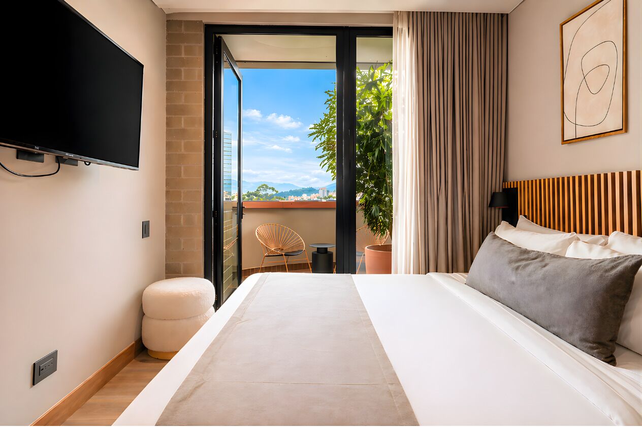 A hotel room with a bed, a TV, a sliding door to a balcony, a chair, and a potted plant.