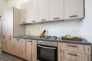 Køleskab, ovn, kogeplade, køkkentøj/tallerkener/redskaber