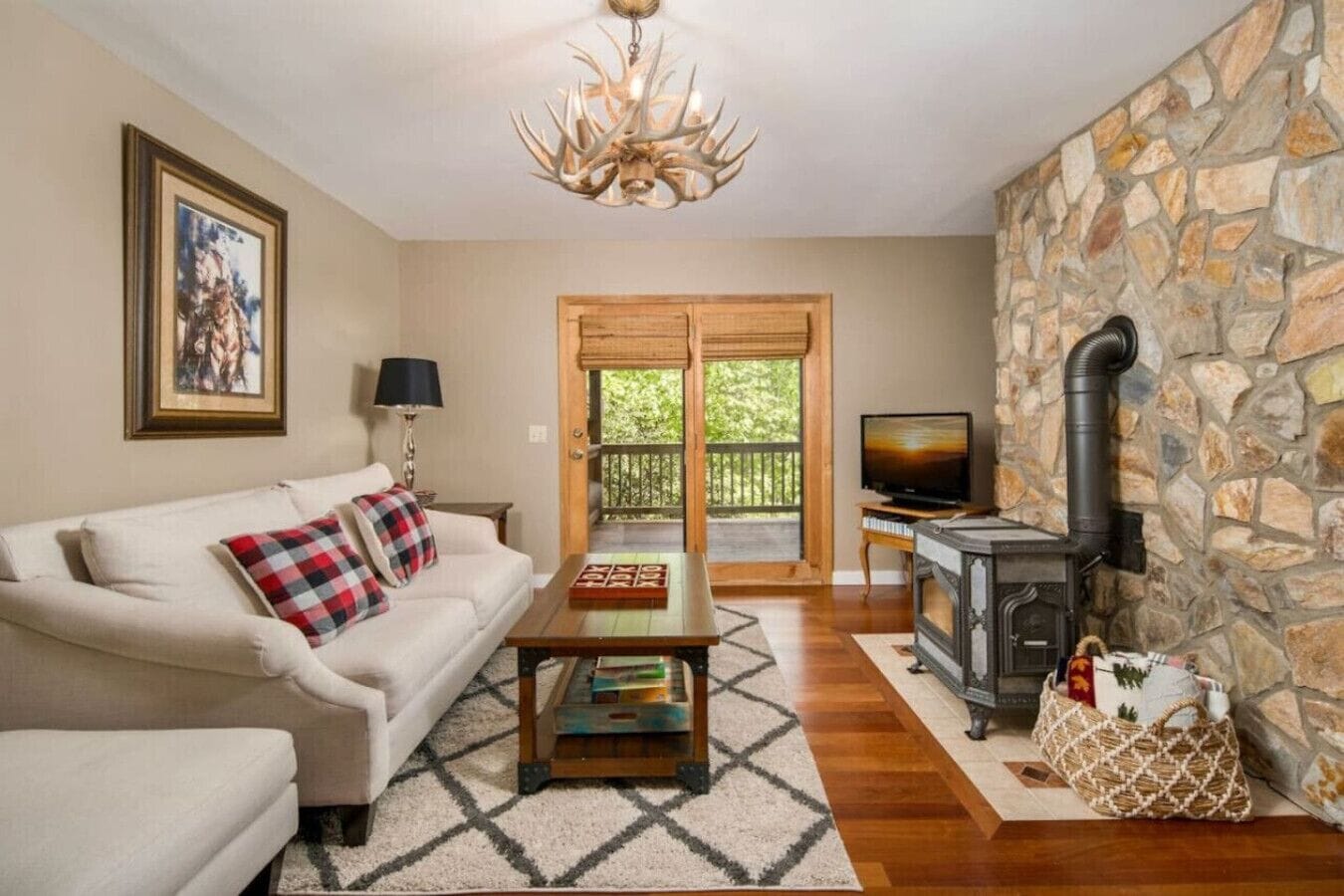 Smart TV, fireplace, video games, DVD player