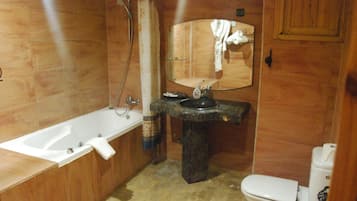 Economy Double Room, Pool View | Bathroom | Bathtub, hair dryer, slippers, towels