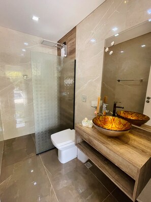 Shower, towels, toilet paper