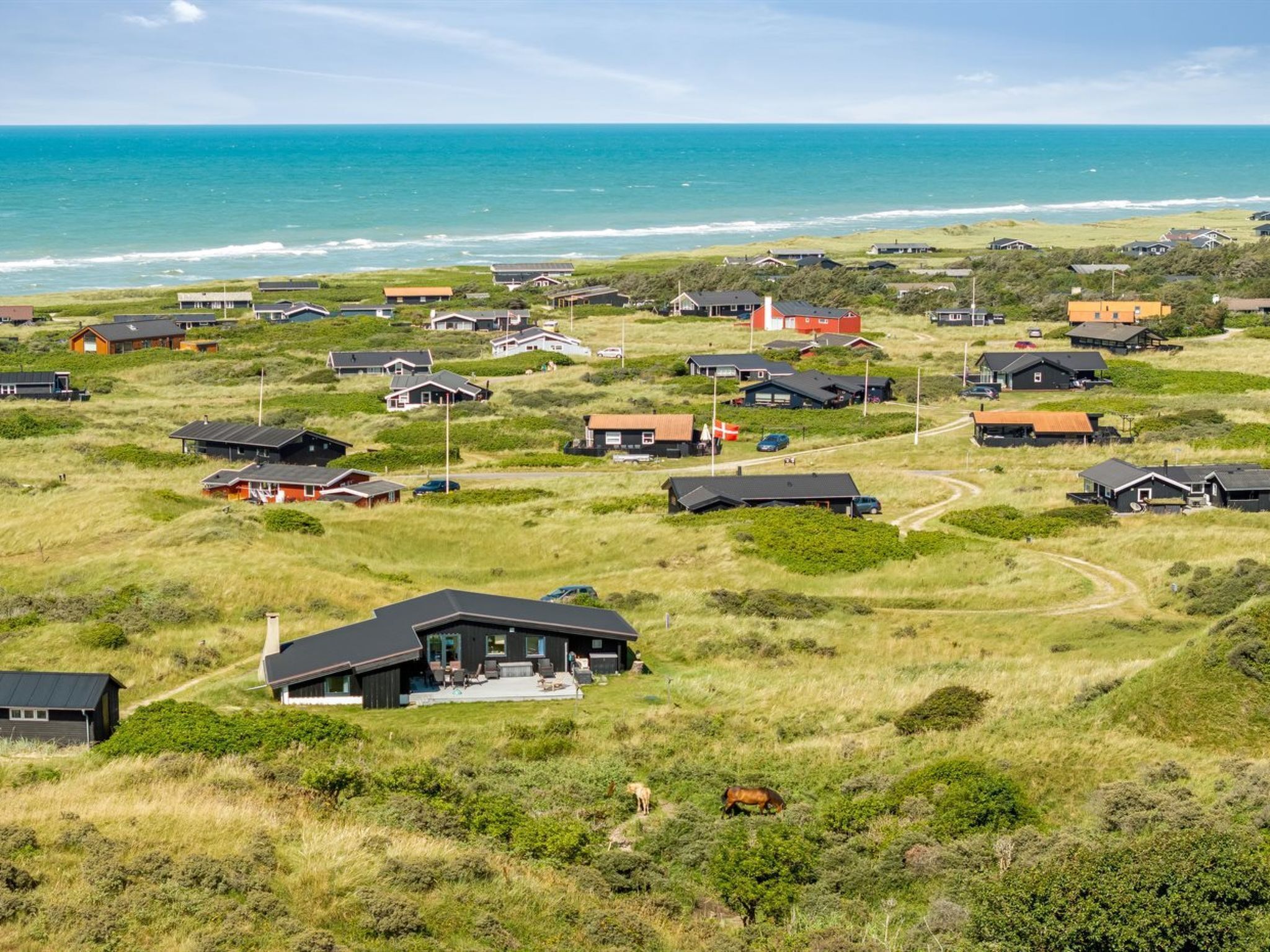 A coastal residential area with houses and a view of the ocean.