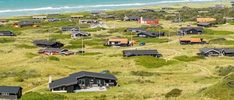 A coastal residential area with houses and a view of the ocean.