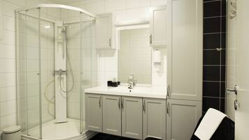 Shower, hair dryer, towels