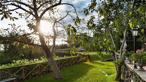 Un jardin bien entretenu, agrémenté d’une clôture en bois, d’un banc et d’un lampadaire.