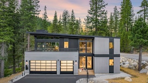A modern two-story house with a garage, surrounded by a forest.