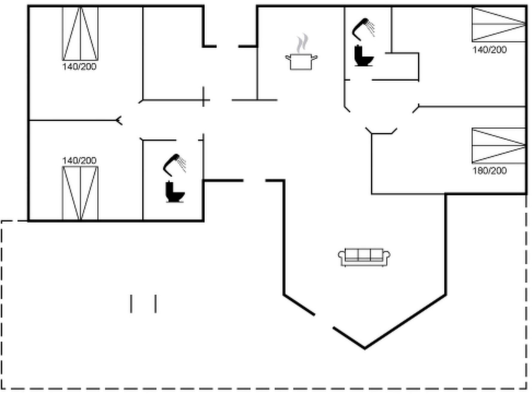 Planta baixa com cozinha, duas casas de banho, sala de estar e sala de jantar.