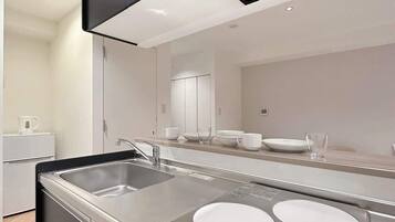 Frigorífico, microondas, placa de cocina y utensilios de cocina