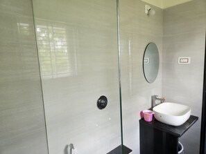 Chuveiro, secador de cabelo, toalhas de banho, sabonete