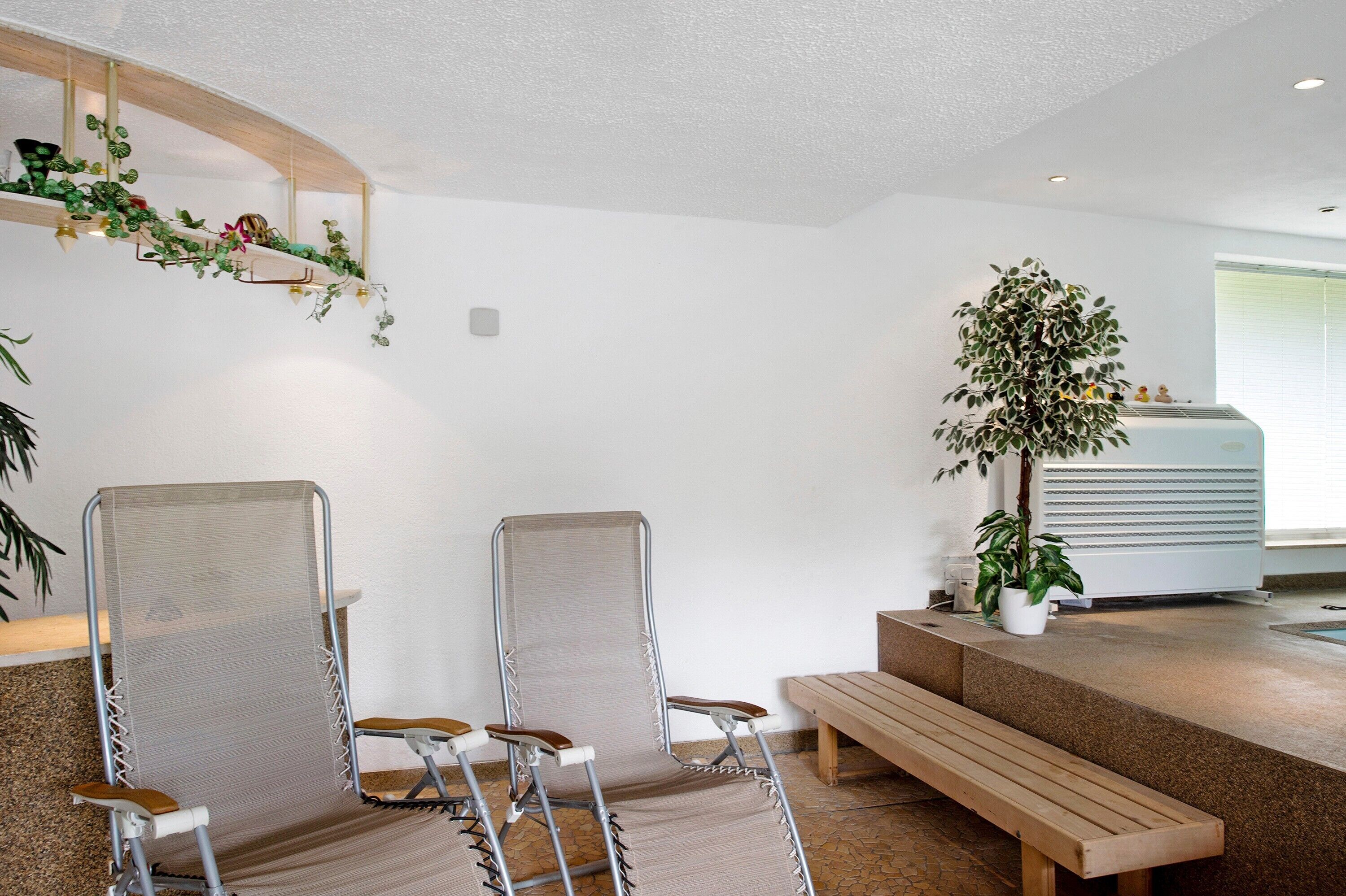 Een kamer met twee comfortabele fauteuils, een houten bankje, een potplant en een witte radiator.
