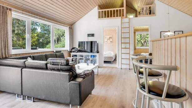 A modern loft-style living space with a large sofa, a dining area, and a loft bedroom with a ladder. - "Rohan" - 700m from the sea by Interhome (Rødby)