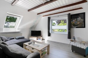 TV - Apartment 'De Lütte Moehl' with Natural Swimming Pond and Shared Terrace (Hollingstedt)