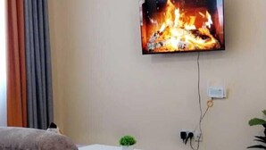En stue med et fladskærms-tv på væggen, der viser et billede af en pejs, en loftventilator, en sofa og et lille bord med en plante.