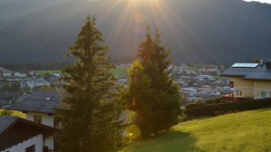 Un quartier résidentiel avec des maisons, des arbres et une montagne en arrière-plan.