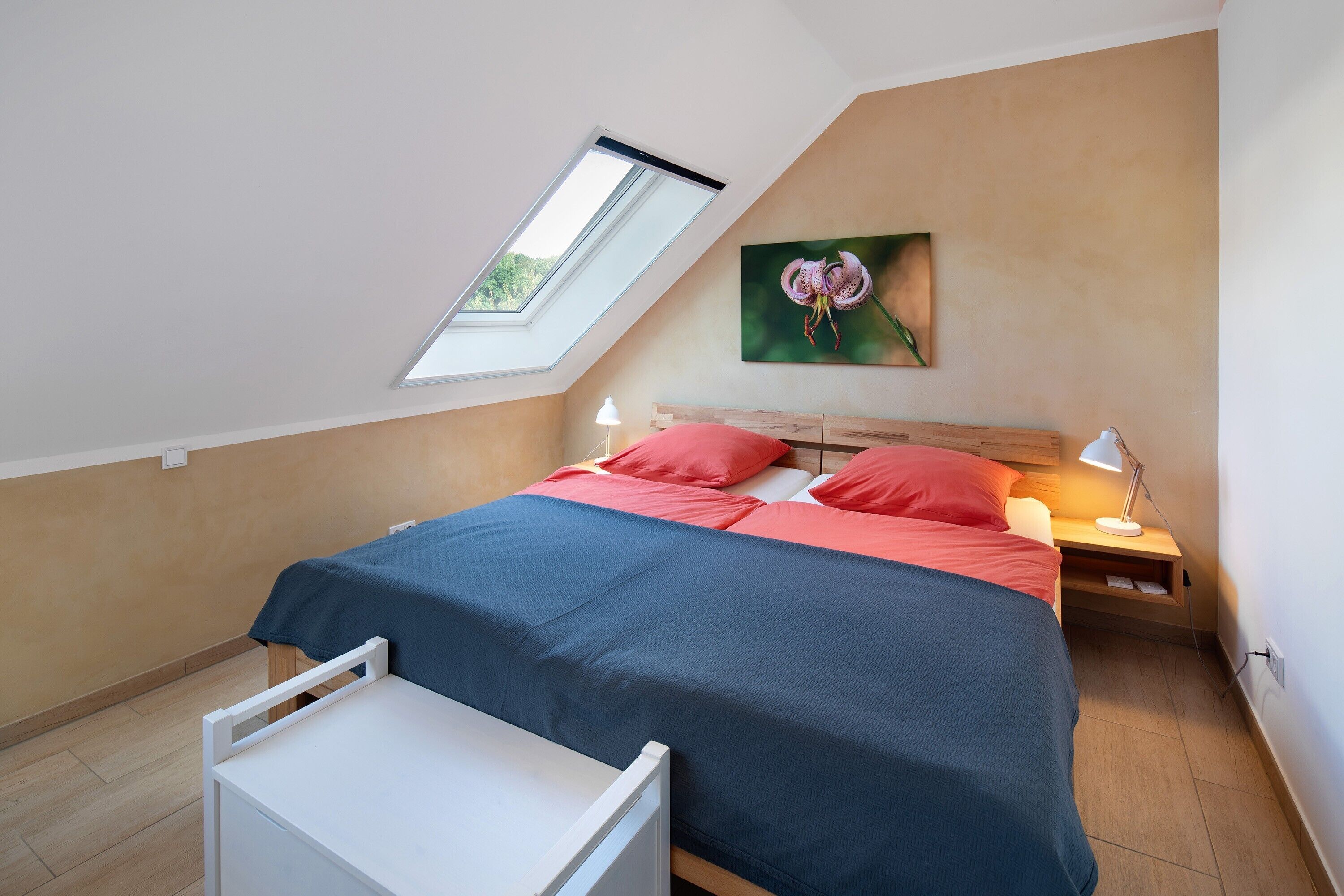 A bedroom with a skylight, a bed with red and blue bedding, a nightstand with a lamp, and a painting on the wall.