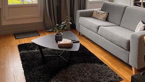 A living room with a grey sofa, a black rug, and a potted plant on a white coffee table.