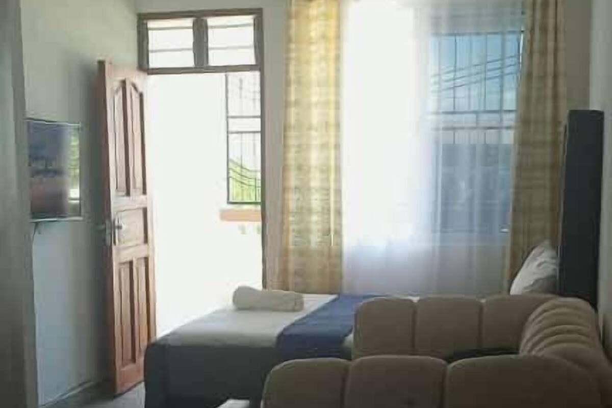 A living room with a sofa, a television, and a bed. There is a window with curtains and a door leading to another room.