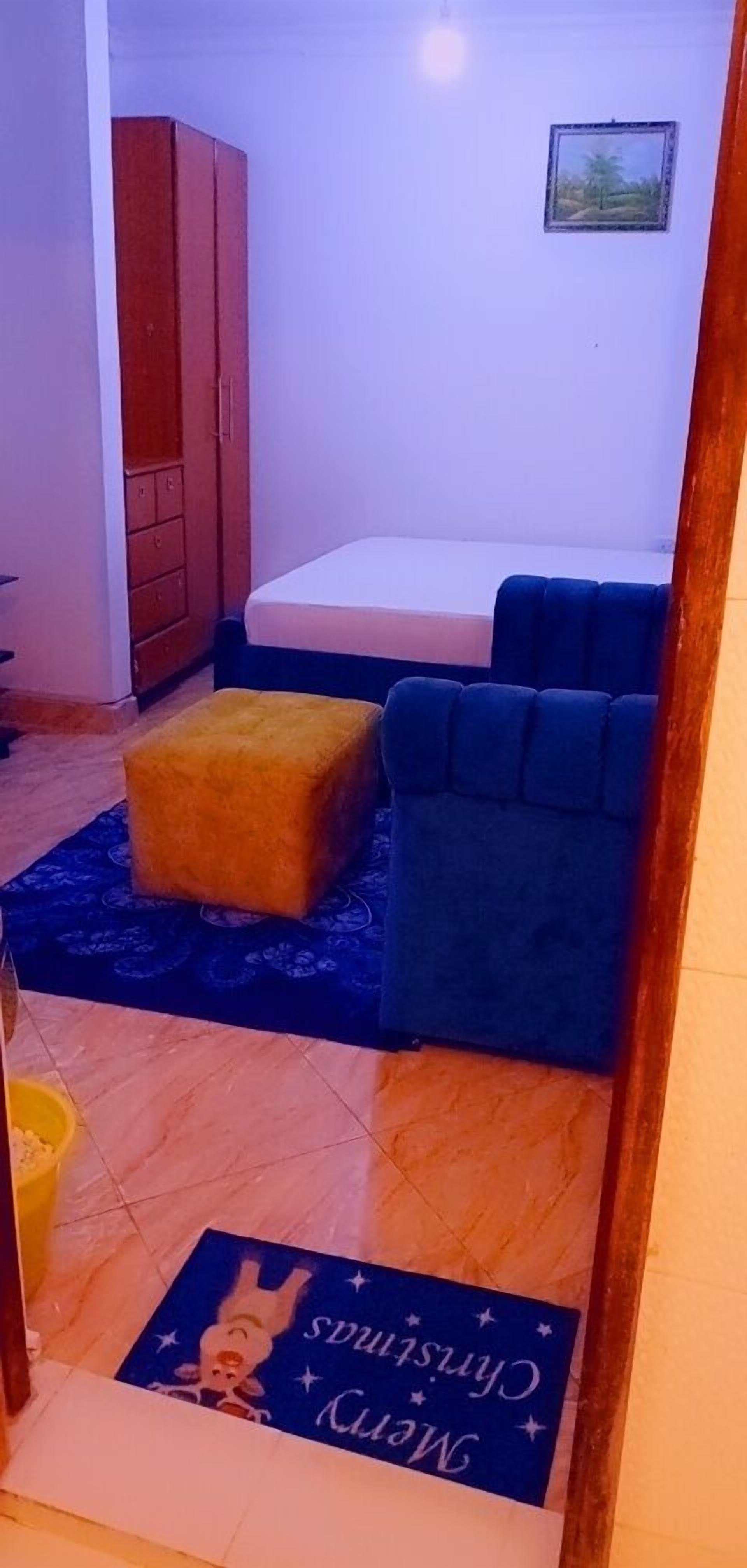 A bedroom with a bed, a blue sofa, a wooden wardrobe, and a small rug.
