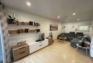 Smart-TV, DVD-Player, Bücher, Stereoanlage