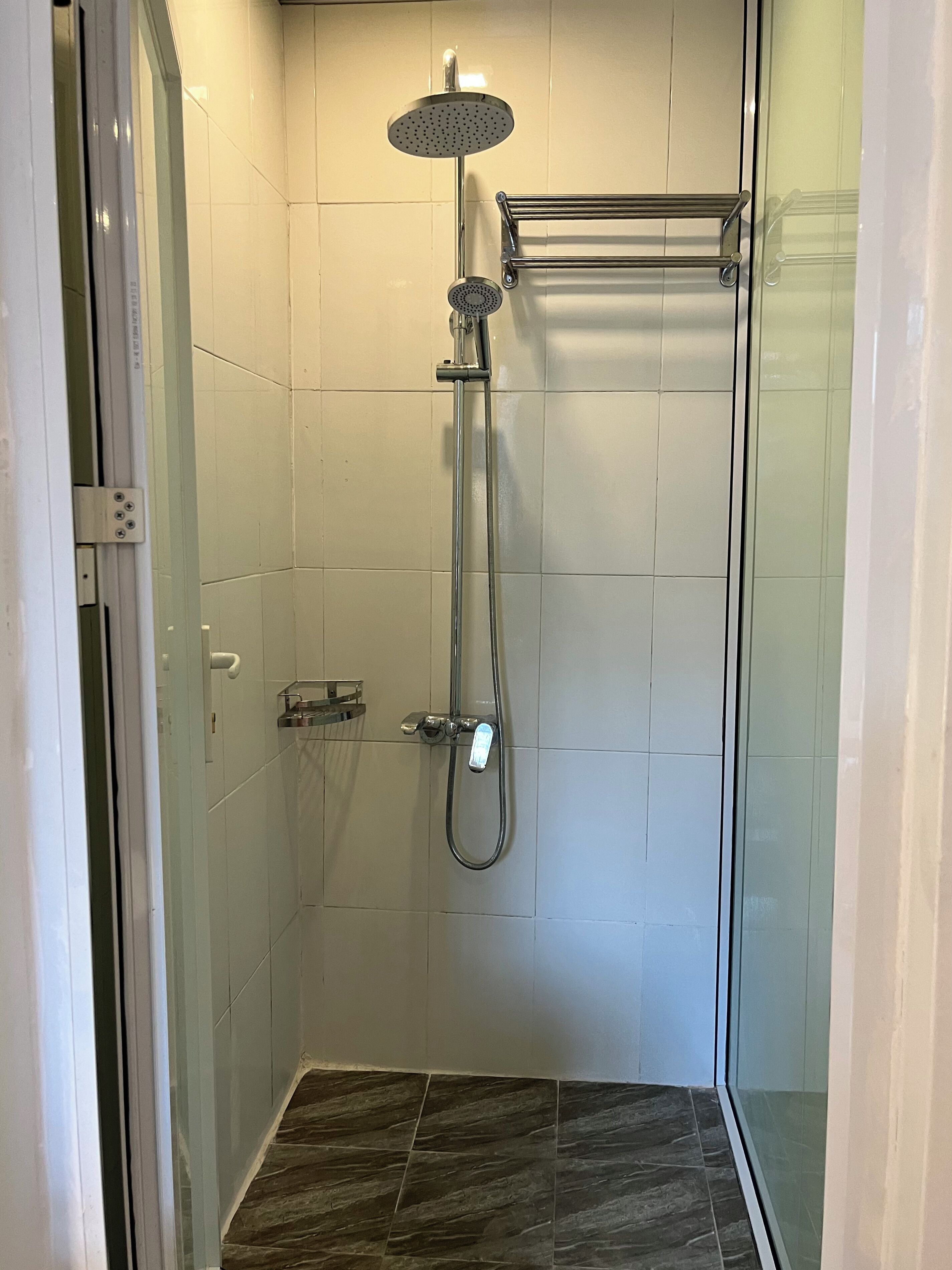 A glass-enclosed shower with a handheld showerhead and a wall-mounted rain showerhead.