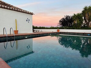 A clear swimming pool with a tiled deck, a white wall with decorative tiles, and a cactus plant. - Finca La Santa. Unparalleled Views and Serene Sanctuary (Riogordo)