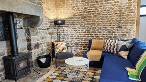 Un salon chaleureux avec un mur en pierre, un poêle à bois noir, un canapé bleu et un tapis à motifs.