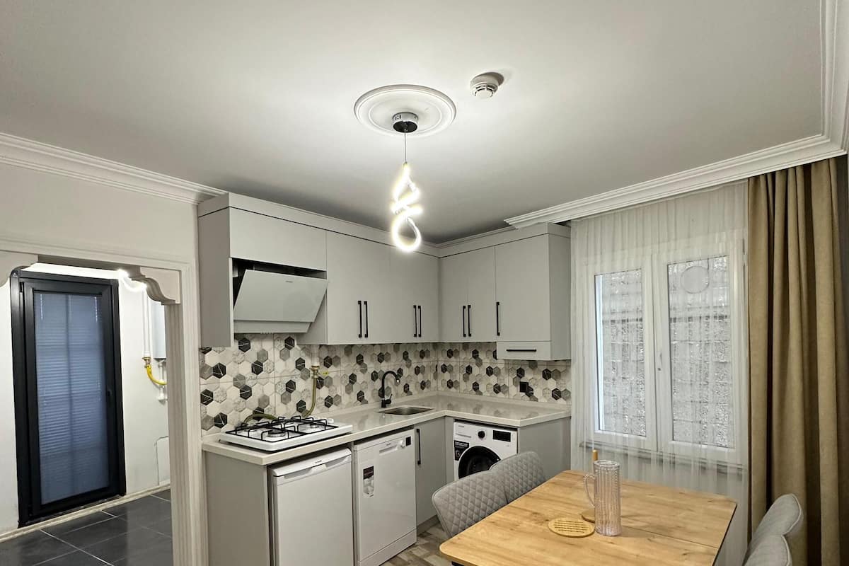 Apartamento familiar, cocina, planta baja | Cocina privada | Frigorífico pequeño, placa de cocina, lavavajillas y hervidor eléctrico