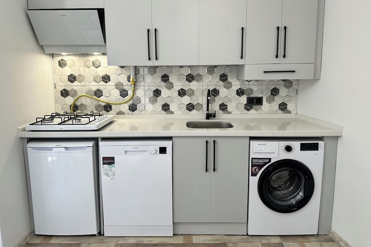 Cocina compacta con estufa a gas, lavavajillas integrado y lavadora de carga frontal.